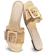 Coutgo Womens Raffia Slide Sandals Chunky Block Heeled Square Open Toe Metal Chain Slip on Mules ...