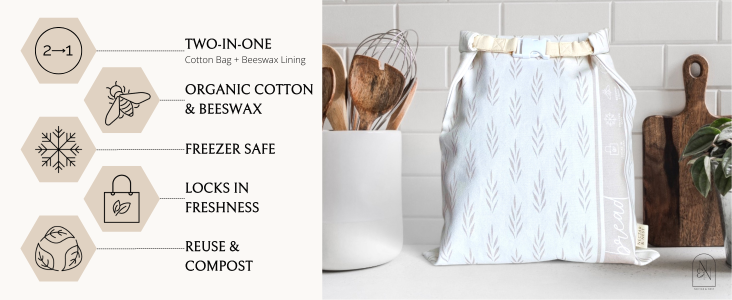 Cotton bag, wrap, organic cotton, beeswax, locks in freshness, freezer safe, reusable, compost