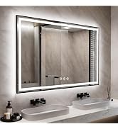 VanPokins LED Mirror for Bathroom, 48x36 Inch Black Framed Gradient Front and Backlit Lighted Van...