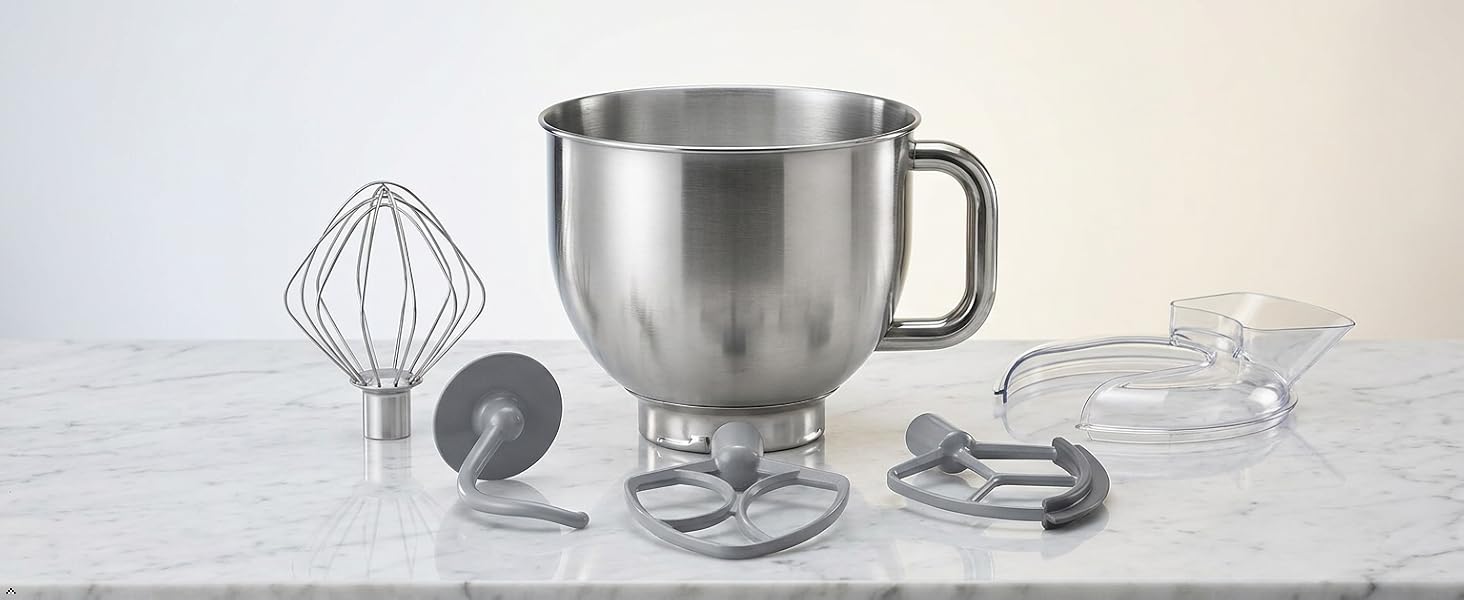 SMF05 Stand Mixer Included Accessories on marble white counter