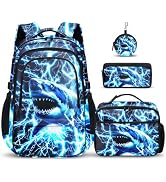 DEPEGET Boys Backpack with Lunch Box Set, 4 PCS Green Dragon Backpack for Boys, Elementary Bookba...