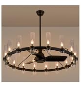 AEULYTIR 48 Inch Black Wagon Wheel Chandelier with Crystal Shade, 48 Lights, Modern Farmhouse Sty...
