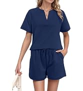 KOLAOYEP Womens Two Piece Short Sets - Casual Summer Outfits V Neck T Shirt Drawstring Shorts Lou...