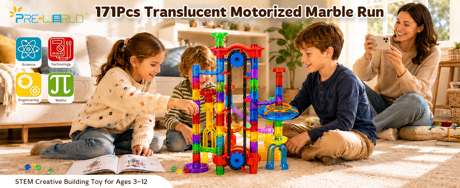 171Pcs Translucent Motorized Marble Run | STEM Creative Building Toy for Ages 3–12