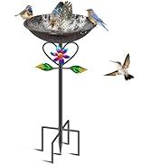 MeyRolizn Vintage Metal Bird Bath for Outside, Standing Bird Feerder with Sunflower Love Decorati...