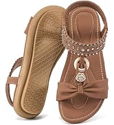 HARENCE Summer Flat Sandals for Women: Comfortable Bohemian Beaded Flats Shoes Elastic Ankle Stra...