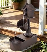 Water Fountain Outdoor, 27" Vintage Waterfall Fountain Red Fire Hydrant, Rustic Metal Outdoor Wat...