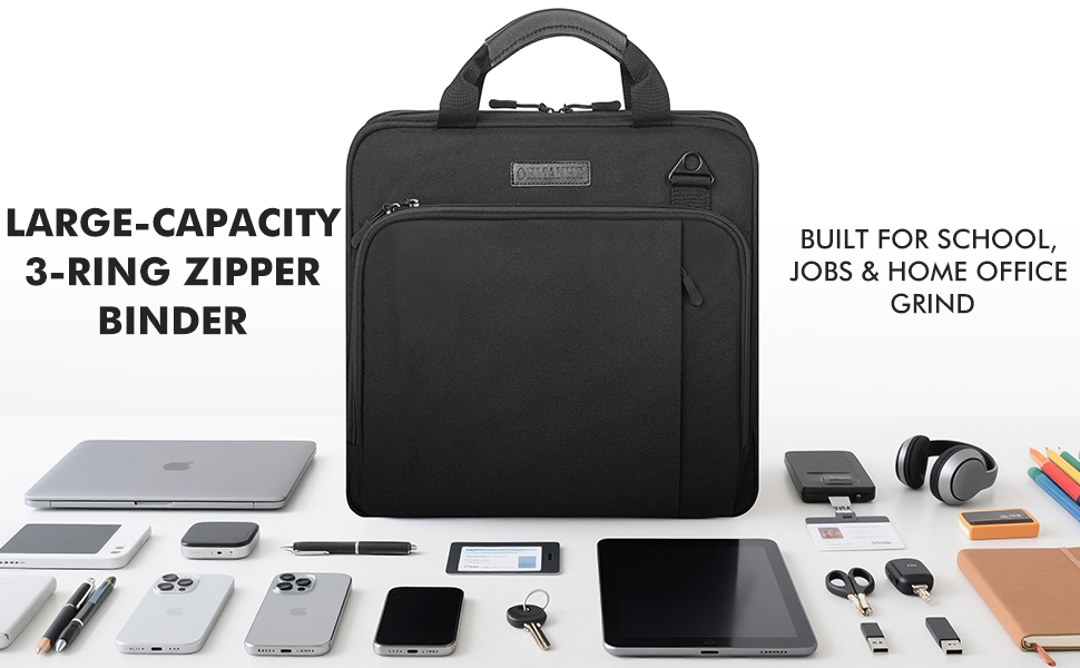 Expanding file folders inside zip up binders pocket with multi-slots for pen.