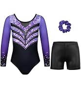 JOYSTREAM Gymnastics Leotards for Girls With Shorts Sparkly Ballet Dance Long Mesh Sleeve