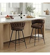 YOUNUOKE 360° Swivel Bar Stools Set of 2, 28 inch Seat Height Barstools with Woven Low Back, Meta...