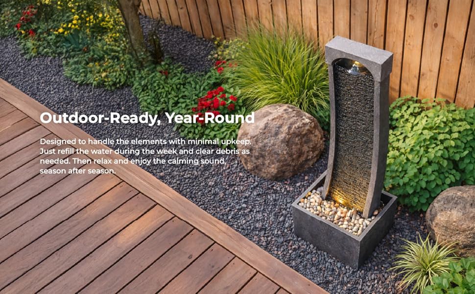 fountain shown with zoom in pictures like premium construction, smooth water flow and easy assembly
