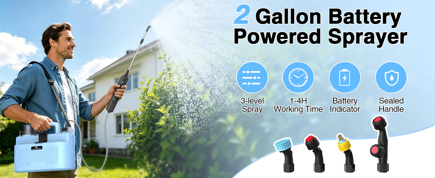 battery powered sprayer 2 gallon with Telescopic Wand 4 Mist Nozzles