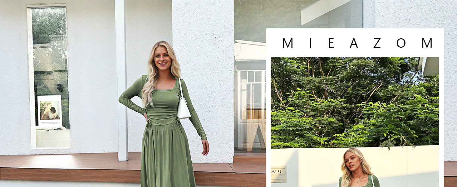 Women’s Long Sleeve Square Neck Maxi Dress Adjustable Waist Tie Casual