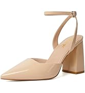 RIBONGZ Block Heels for Women Closed Pointed Toe Heeled Slingback Chunky High Heel Ankle Strap Pu...