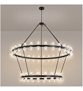 AEULYTIR 48 Inch Black Wagon Wheel Chandelier with Crystal Shade, 2 Tier 80 Lights, Modern Farmho...