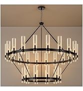 AEULYTIR 70 Inch Black Wagon Wheel Chandelier 2 Tier with Glass Shade, 36 Lights, Modern Farmhous...