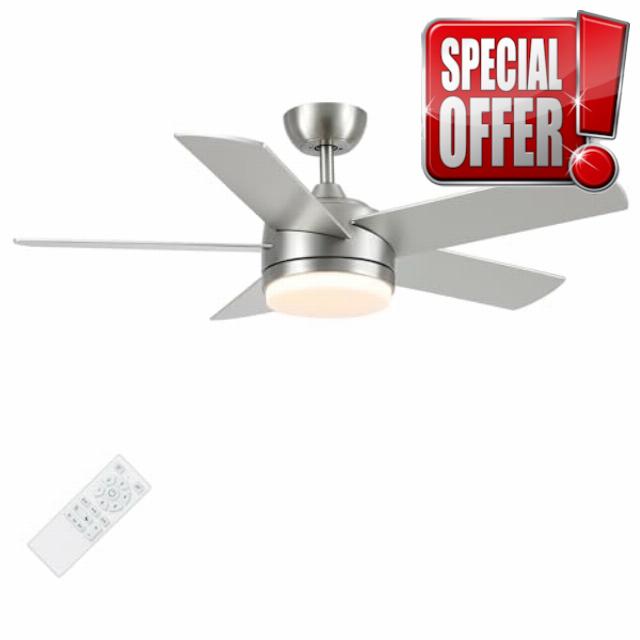 YUHAO 44 Inch Brushed Nickel Ceiling Fan with Light and Remote Control.Noiseless