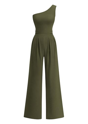 KIRUNDO One Shoulder Jumpsuits For Women Dressy Summer Formal One Piece Ribbed Wide Leg Romper Pockets Cocktail Party Outfits