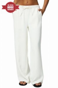 QINSEN Women's Wrinkle-Free Wide Leg Palazzo Pants High Rise Flowy Drape Drawstring Elastic Waist Trousers with Pockets