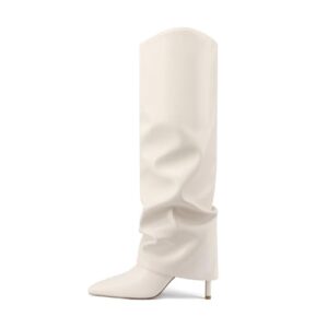 Vaslemuse Womens Knee High Boots Fold Over Stiletto Heels Slouchy Boots Pointed Toe Sexy Long Boots Shark Tall Shoes with Side Zippe