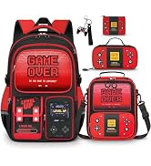 SZWNHS Boys Backpack with Lunch Box Set, 4 PCS Gamer School Bookbag for Boys, Red Gaming Elementa...