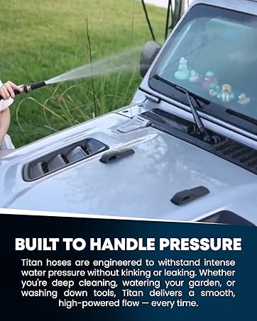 boy watering outdoor yard and lawn with titan lightweight heavy duty flexible garden hose