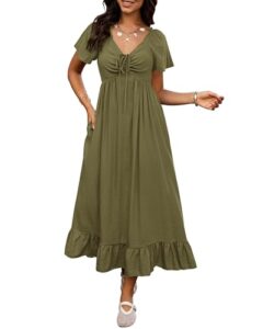 BTFBM Womens Summer Dresses 2026 Casual Short Sleeve V Neck Drawstring Wedding Guest Maxi Dresses Boho Beach Long Dress