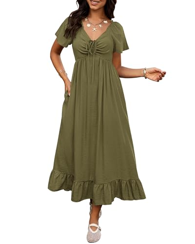 BTFBM Womens Summer Dresses 2026 Casual Short Sleeve V Neck Drawstring Wedding Guest Maxi Dresses Boho Beach Long Dress