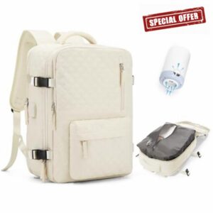 WONHOX Travel Vacuum Storage Backpack with Air Pump Vacuum Seal Compression Space Saver Bags Clothing Vacpack 18x14x8 inches Travel Bag Carry on Personal item Laptop Work Backpacks Women Men Beige