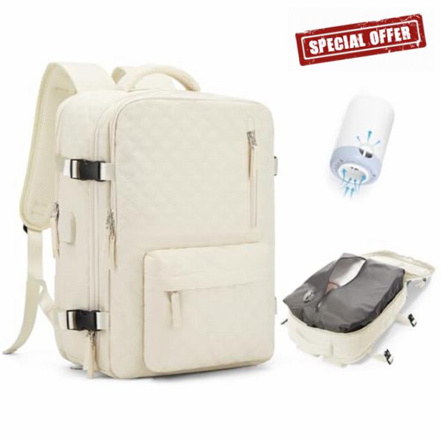 WONHOX Travel Vacuum Storage Backpack with Air Pump Vacuum Seal Compression Space Saver Bags Clothing Vacpack 18x14x8 inches Travel Bag Carry on Personal item Laptop Work Backpacks Women Men Beige