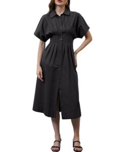 MSBESYOR Women Button Front Pleated Shirt Maxi Dress Summer Striped Prints Short Sleeve Collar Casual Long Dresses