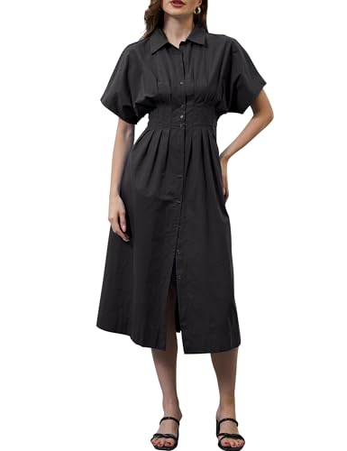 MSBESYOR Women Button Front Pleated Shirt Maxi Dress Summer Striped Prints Short Sleeve Collar Casual Long Dresses