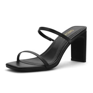 Carcuume Women's Square Toe Two Strap Open Toe Block Heels Sandals Slip On Shoes