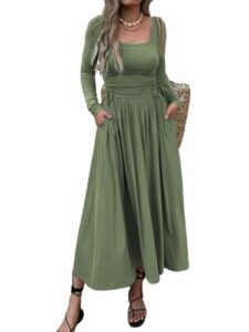 Mieazom Women’s Long Sleeve Square Neck Maxi Dress Adjustable Waist Tie Casual Flowy A-Line Pleated Dresses with Pockets
