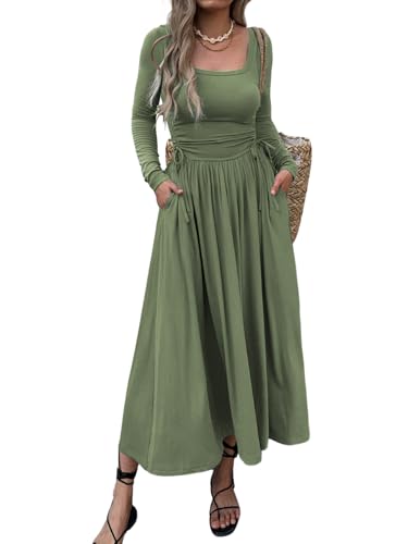 Mieazom Women’s Long Sleeve Square Neck Maxi Dress Adjustable Waist Tie Casual Flowy A-Line Pleated Dresses with Pockets