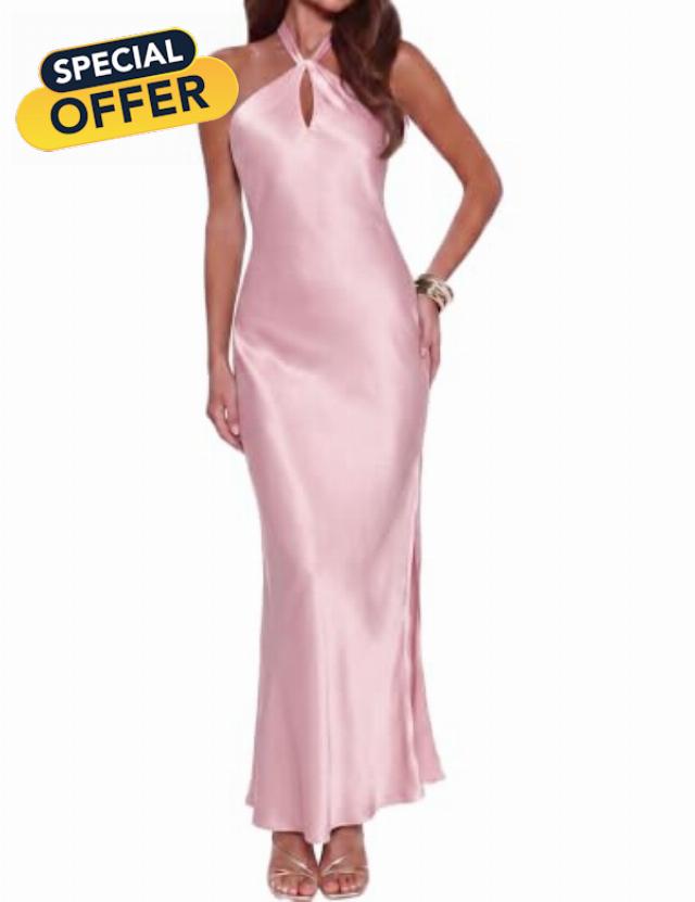 Gmeitoey 2026 Women's Satin Maxi Dress Halter Neck Backless Slit Elegant Formal Bridesmaid Wedding Guest Long Dresses