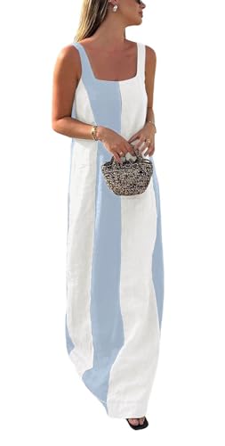 CHARTOU Women Summer Sleeveless Linen Dress Contrast Color Maxi Long Beach Vacation Tank Dress