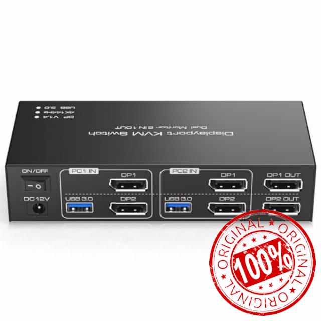Displayport KVM Switch 2 Monitors 2 Computers 4K@144Hz USB3.0 KVM Switch for 2 Computers Share Dual Displays and 4 USB Devices Support Extended/Copy Mode with Desktop Controlle