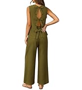 Rianclud Womens Linen Set Summer Backless Bow Tie Sleeveless Tank Tops Matching Wide Leg Pants Se...