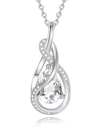 FANCIME TimelessTie Birthstone Necklace for Women White Gold Plated Sterling Silver Ribbon Design Jewelry Knot Pendant Fine Jewelry Gemstone Anniversary Birthday Graduation Mothers Day Gifts for Women Wife Mother He