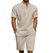 COOFANDY Men's 2 Pieces Linen Set Casual Henley Shirts Short Sleeve Beach Yoga Shorts Summer Pant...