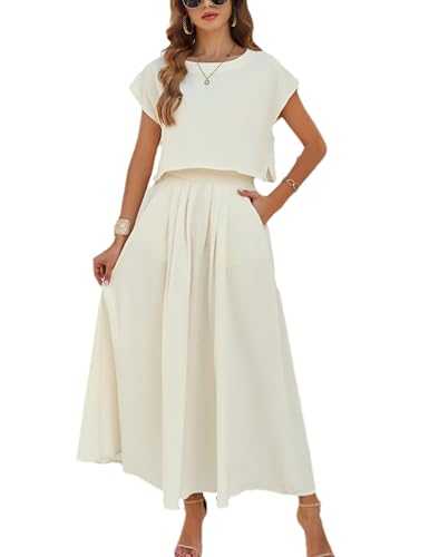 HangNiFang Summer Skirt Sets Women 2 Piece Outfits Cap Sleeve Top Elastic Waist Maxi Dress Sets with Pockets