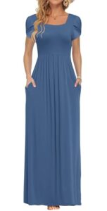 AUSELILY Women's Maxi Dresses with Pockets Petal Short Sleeve Square Neck Casual Long Dress 2026