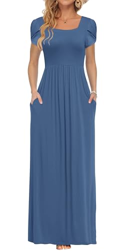 AUSELILY Women's Maxi Dresses with Pockets Petal Short Sleeve Square Neck Casual Long Dress 2026