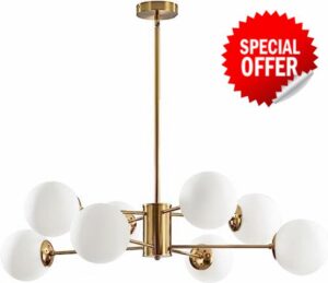 KCO Lighting 8-Light Glass Sputnik Chandelier Light Modern Gold Chandeliers Pendant Light Fixture Vintage Globe Ball Ceiling Flush Mount Light Fixture Kitchen Island