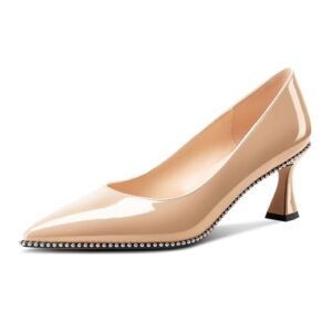 TNYNFBEB Womens Kitten Heel Pointed Toe Pumps Slip-on Sliver Beaded Prom Wedding Dress Basic Classic Patent Leather Summer 2.6 Inches Heels
