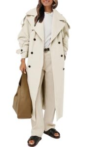 Farktop Womens Oversized Long Trench Coat Double Breasted Lapel Windproof Overcoat with Bel