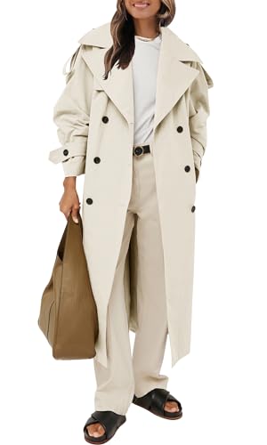 Farktop Womens Oversized Long Trench Coat Double Breasted Lapel Windproof Overcoat with Bel