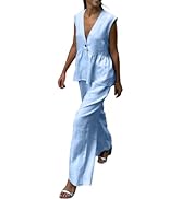 Rianclud Linen Sets for Women 2 Piece Summer V Neck Peplum Vest Wide Leg Pant Suits Matching Set ...