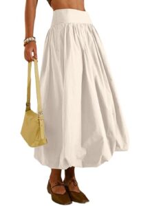 Women's Bubble Long Skirt Elastic Waist A-Line Pleated Ruffle Flowy Balloon Maxi Skirts with Pockets